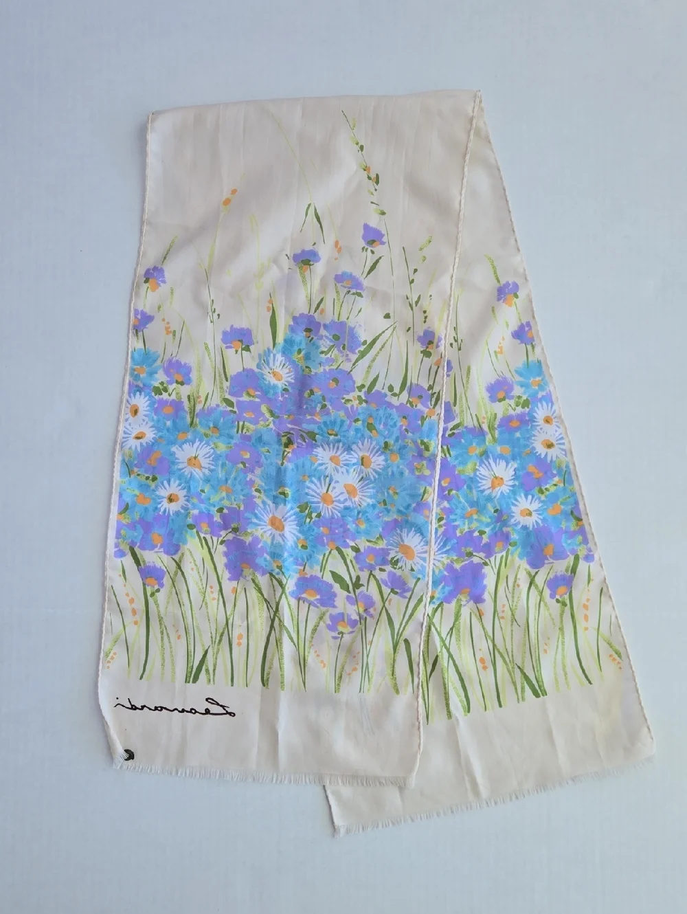 Leonardi Vintage Italian Floral Scarf in Cream with Blue & Green Bouquet Daisies